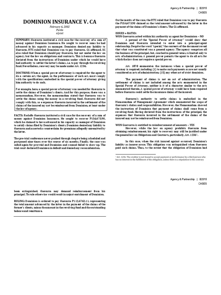 [AGENCY] [Dominion Insurance v. CA] Law Of Agency