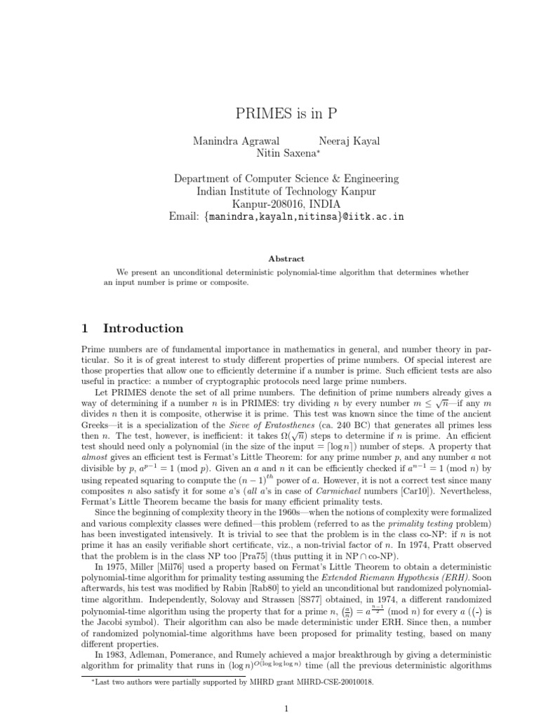 Deterministic Polynomial-Time Primality Test | PDF | Prime Number ...
