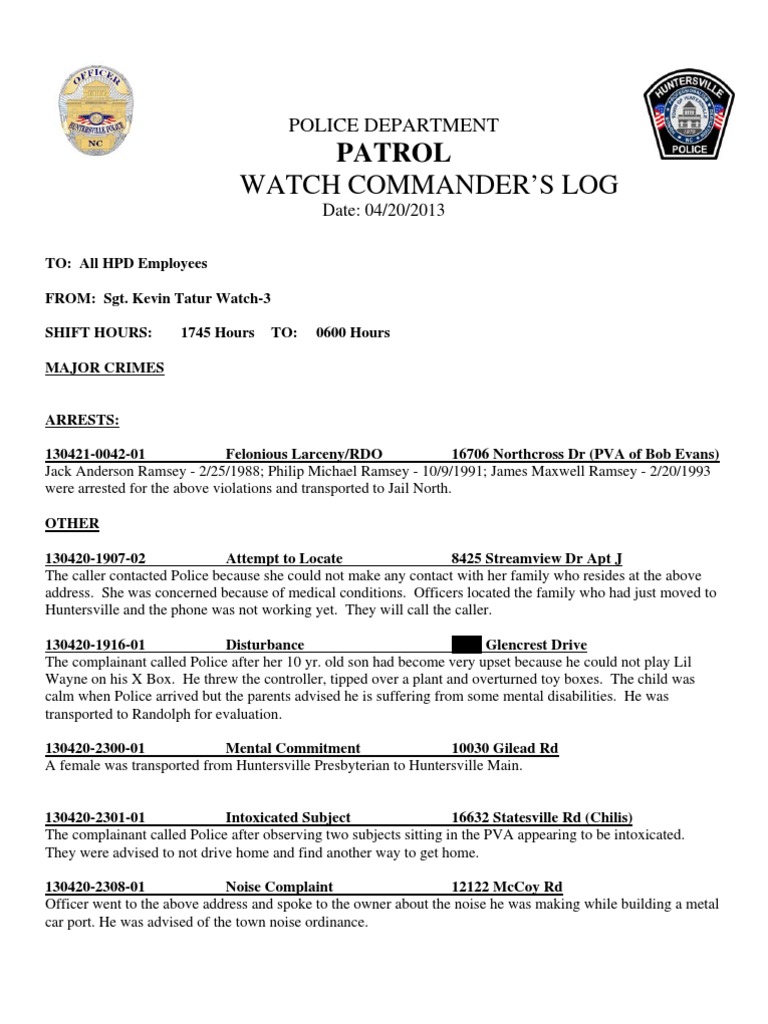 Patrol Watch Commander’s Log 04/20/2013 | PDF