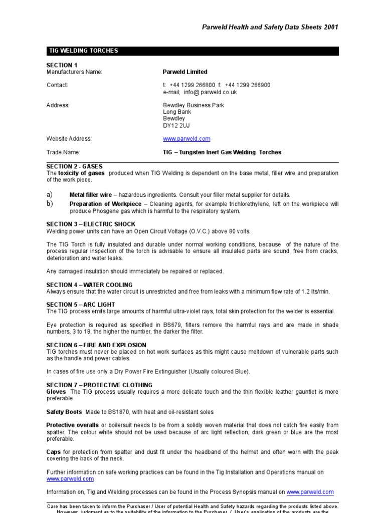 Tig Welding Torches Parweld Health and Safety Data Sheets 2001