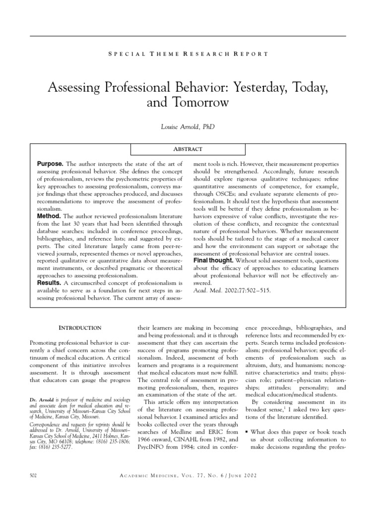 Assessing Professional Behavior: Yesterday, Today, and Tomorrow | PDF ...