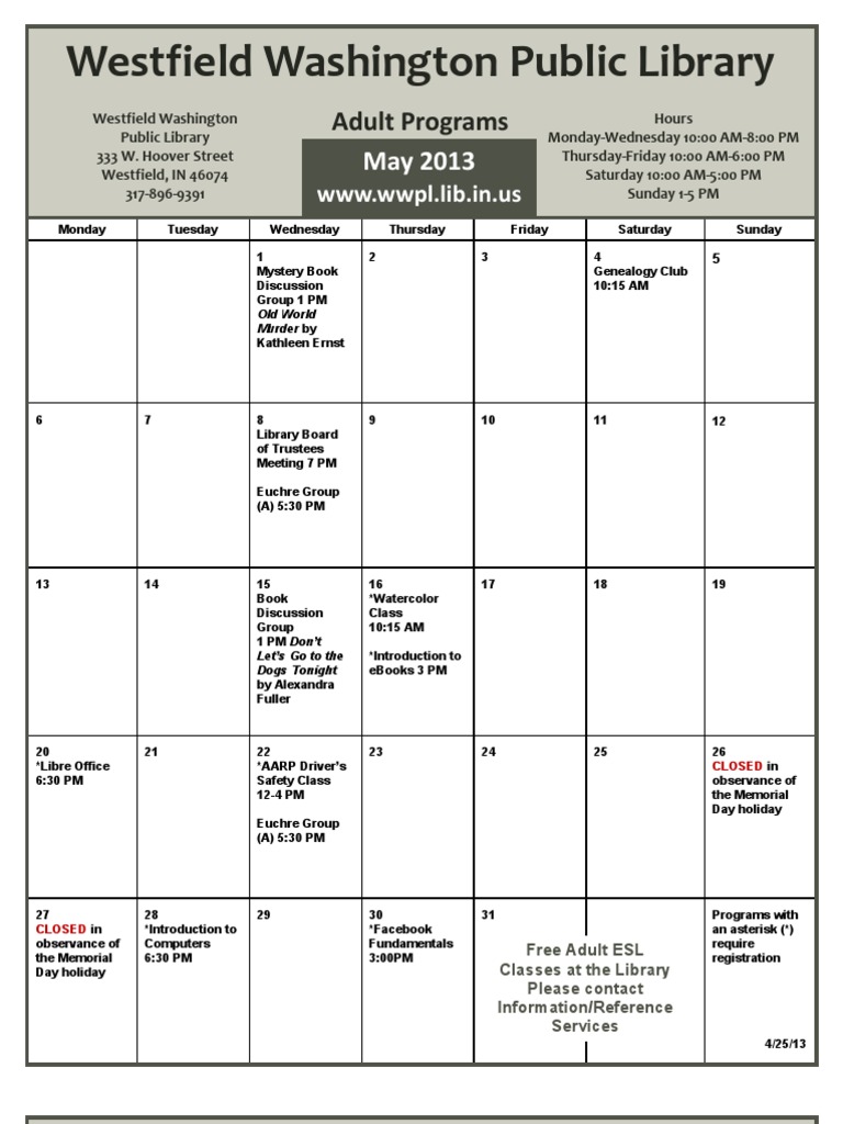 May 2013 Calendar PDF Mystery Thriller Crime Fiction