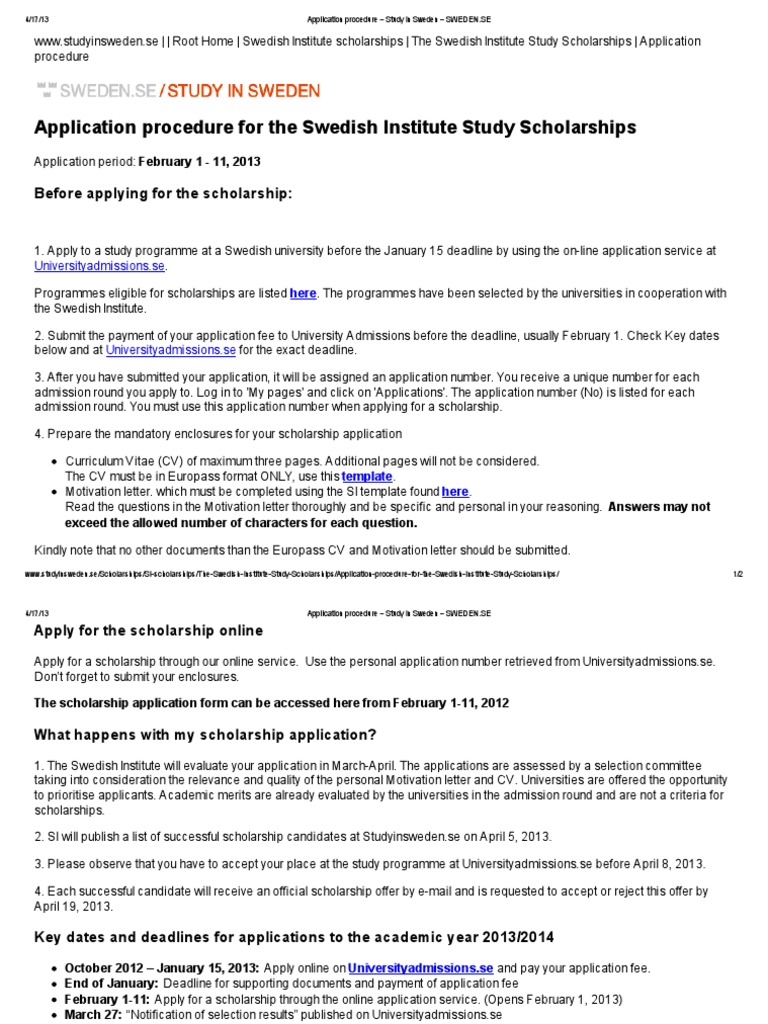 Swedish Scholarships Application Guide | PDF | University And College  Admission | Further Education