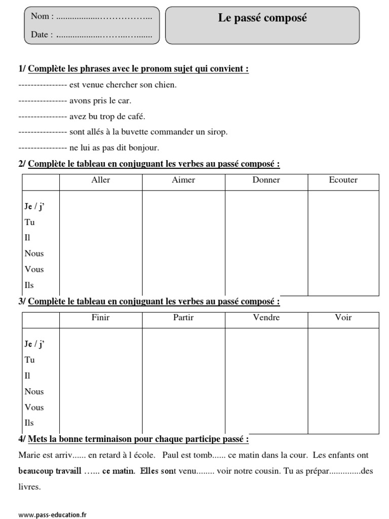 Exercice Sur Le Passé Composé Cm2 Passé Composé - Cm1 - Exercices Corrigés - Conjugaison - Cycle 3 2 | PDF