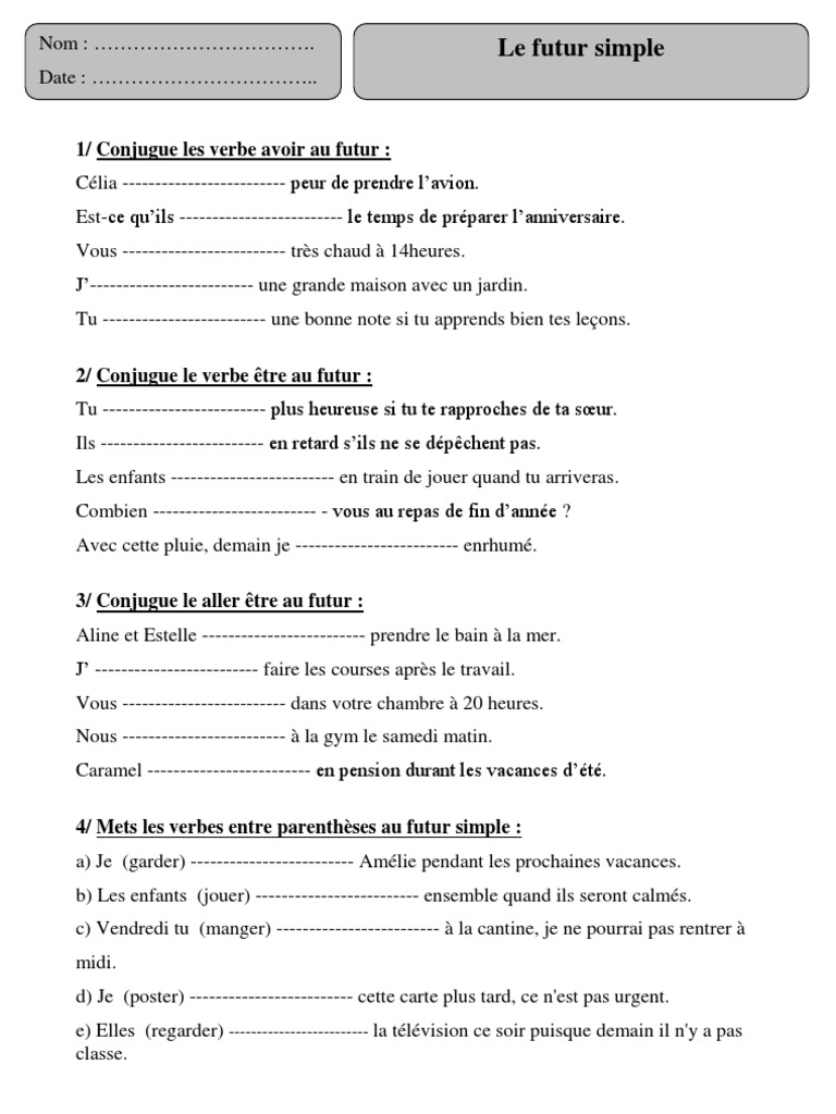 Evaluation Conjugaison Cm2 Avec Correction Futur Simple - Cm2 - Exercices Corrigés - Conjugaison - Français - Cycle 3  | PDF
