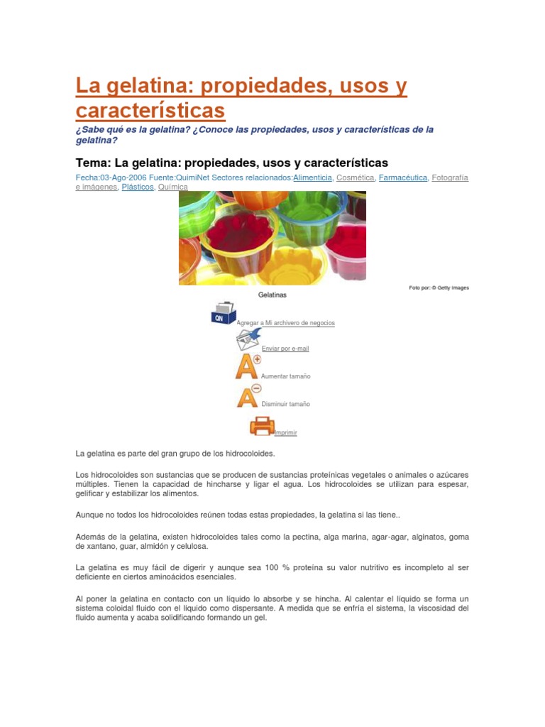 La Gelatina. Propiedades y Usos. Gelatina Célula madre