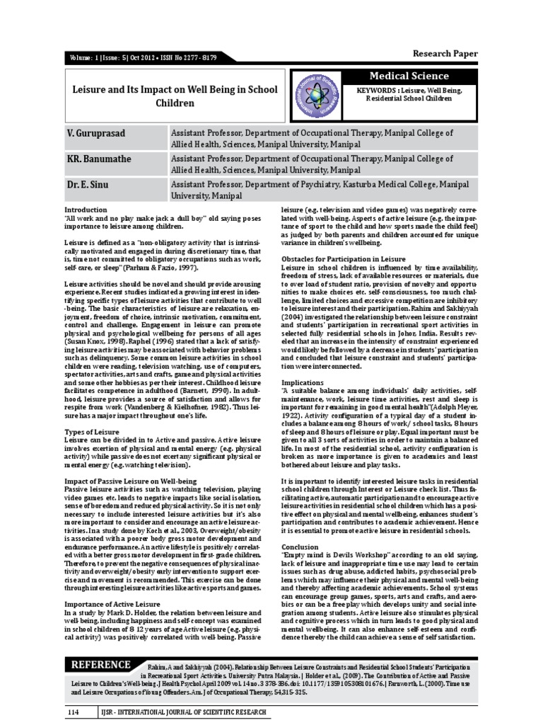 Leisure and Its Impact On Well Being in School Children | PDF | Well ...