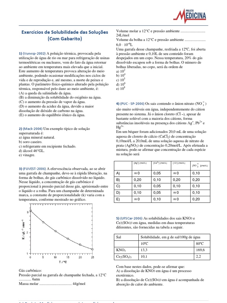 Exercícios de Solubilidade com Gabarito | PDF | Solubilidade | Solução