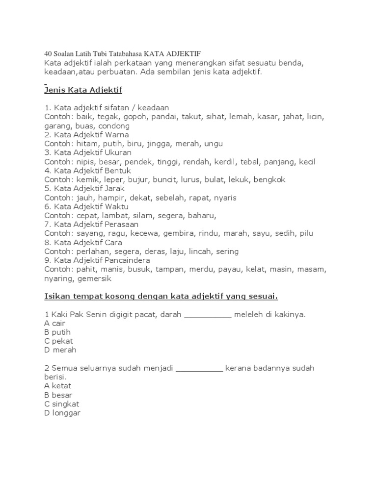 40 Soalan Latih Tubi Tatabahasa Kata Adjektif Pdf