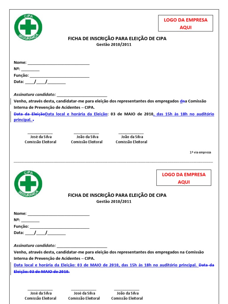 Ficha de Inscrição para CIPA 2010/2011 | PDF | Carreira e Crescimento