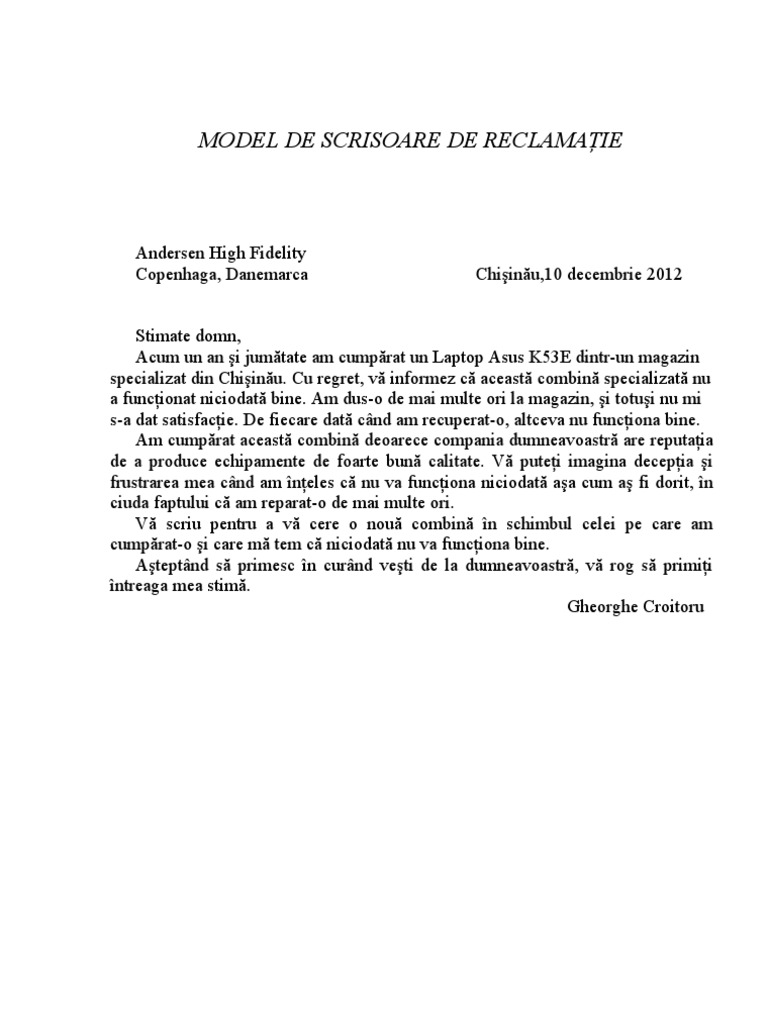 Model de Scrisoare de Reclamatie