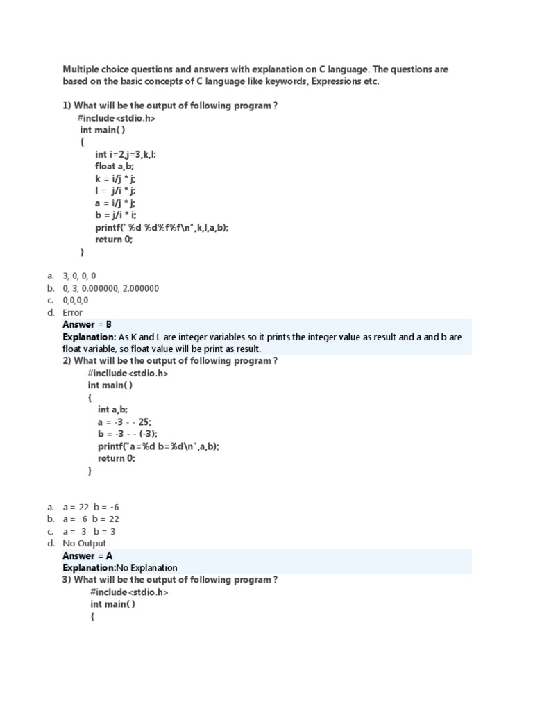 Practice Questions For C Programming