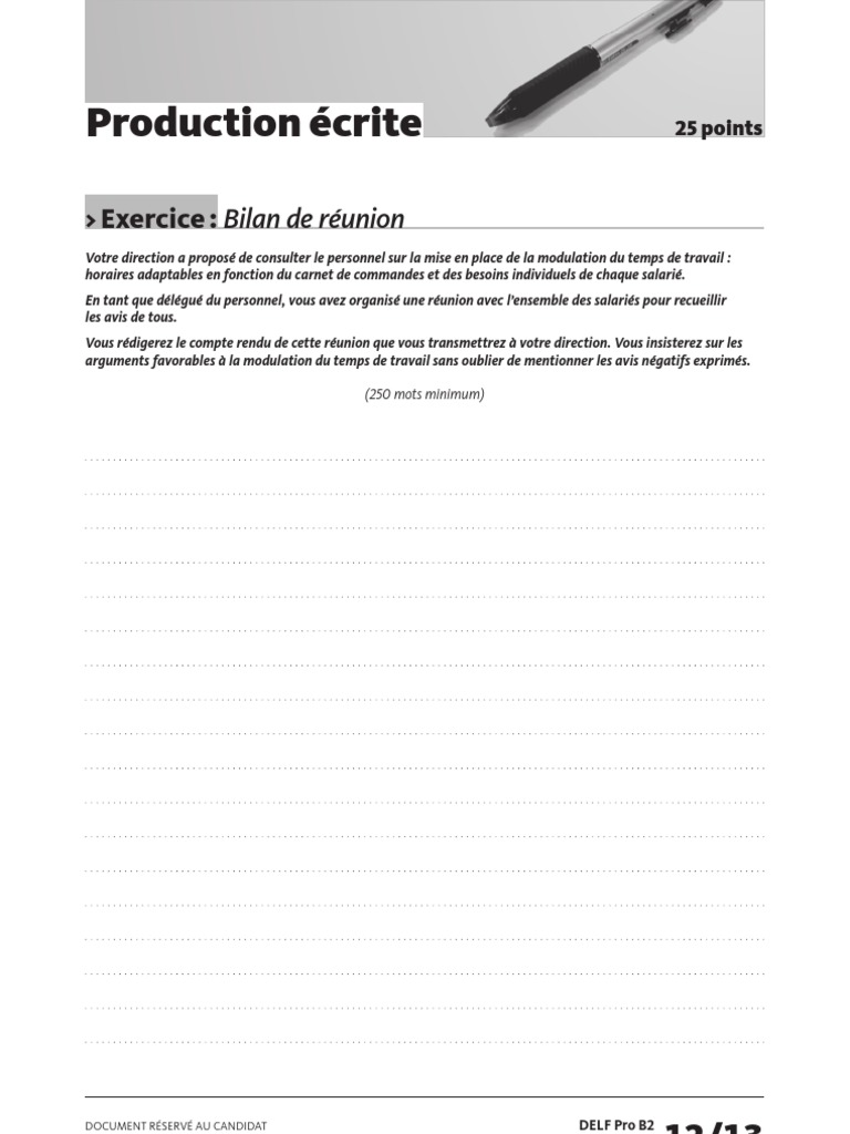 Delf Pro b2 Production Ecrite Exercice