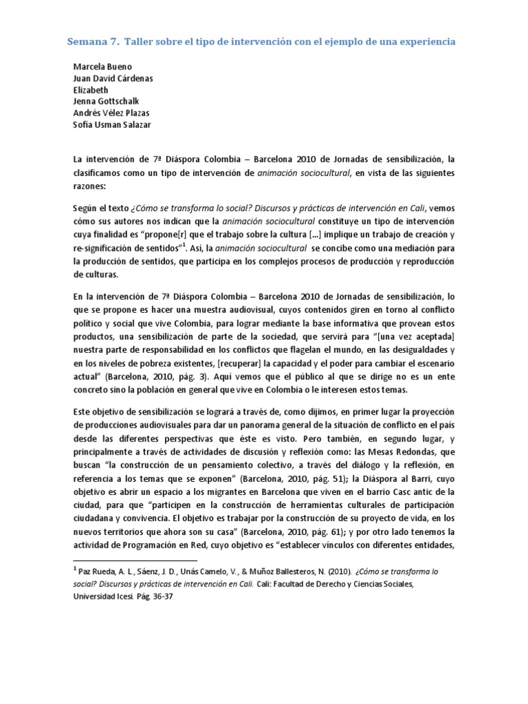 Taller De Tipo De Intervencion Animacion Sociocultural Barcelona Colombia