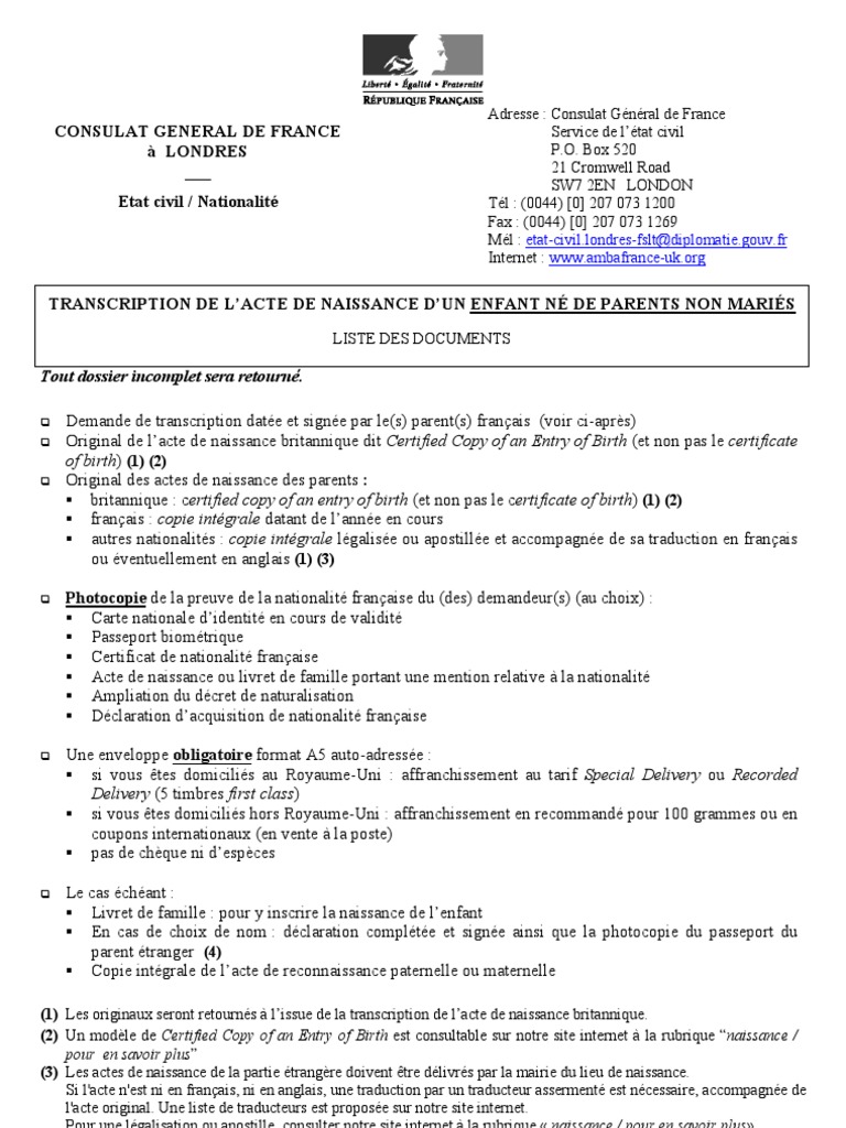 Acte de naissance Certificat de naissance Informations gouvernementales