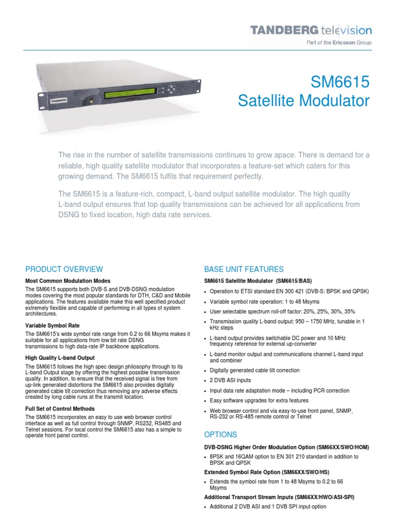 SM6615 Satellite Modulator: Product Overview Base Unit Features | PDF