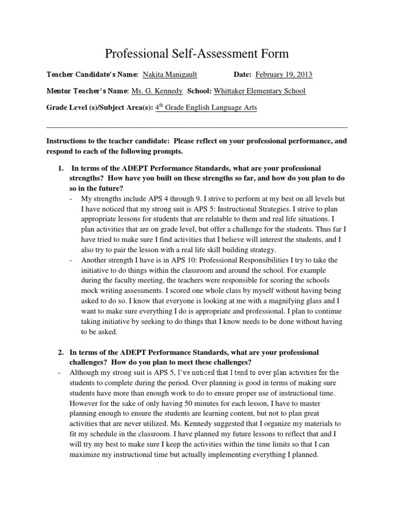 Professional Self Assessment | PDF | Homework | Educational Assessment