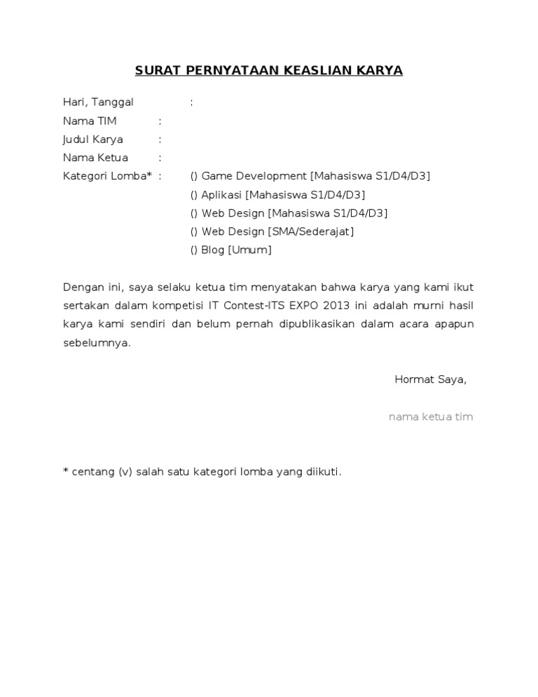 Surat Pernyataan Keaslian Karya Pdf