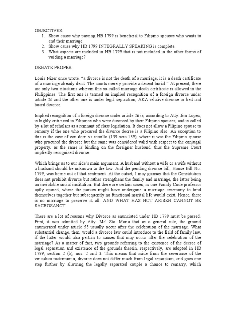 Debate ProHouse Bill 1799 (Divorce Bill) Philippines PDF Divorce