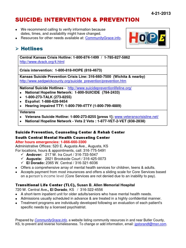 Suicide Prevention Resources in KS | PDF | Homelessness | Mental Health