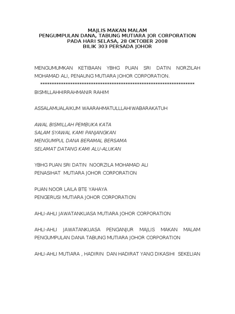Skrip Mc Majlis Makan Malam Pengumpulan Dana Mutiara Pdf