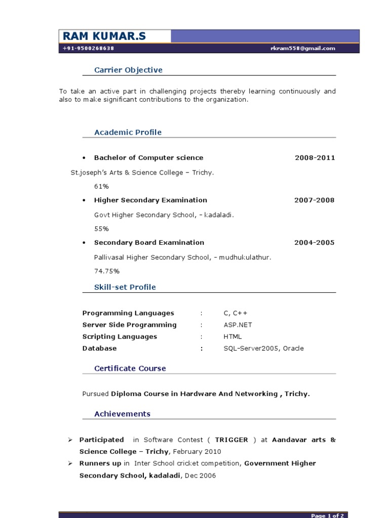 Resume of RAM KUMAR.S - Computer Science Graduate | PDF