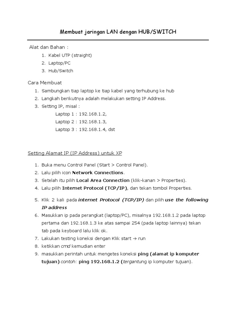 Panduan Membuat Jaringan LAN dengan Hub | PDF | Komputer