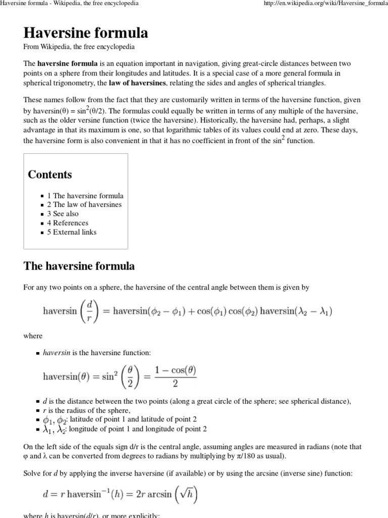 Haversine formula: From Wikipedia, the free encyclopedia