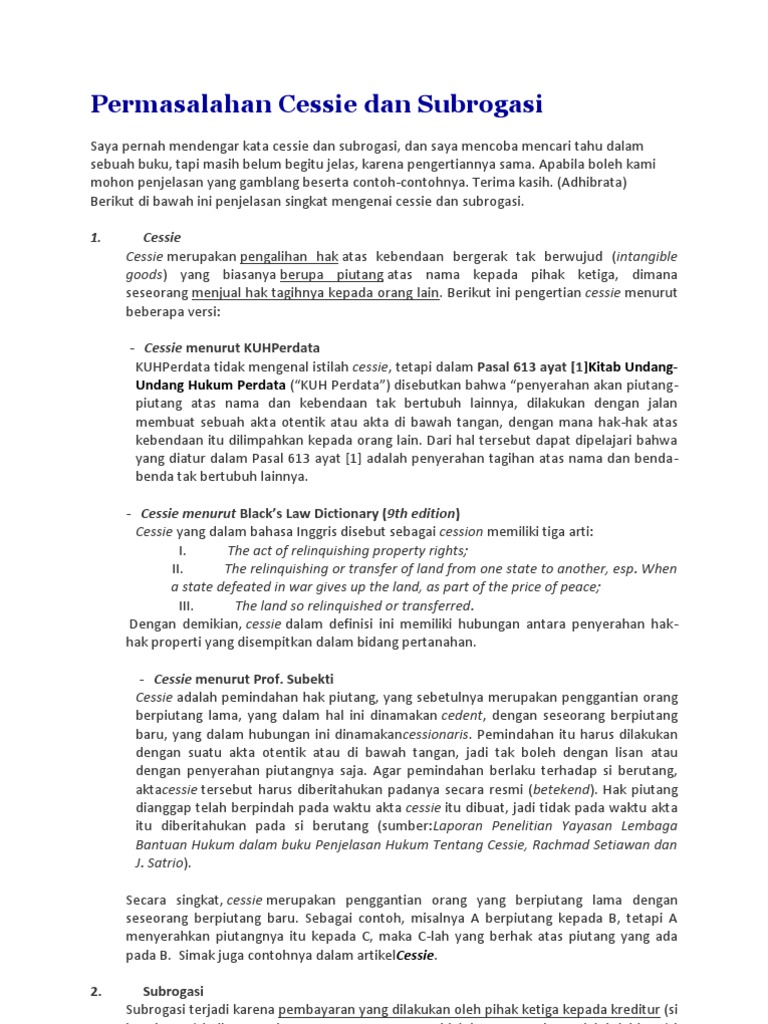 Cessie dan Subrogasi dalam KUHPerdata | PDF | Hukum
