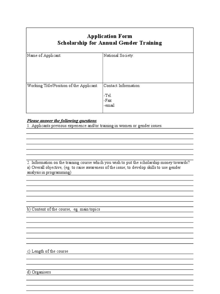 Application Form Scholarship For Annual Gender Training: Please Answer ...