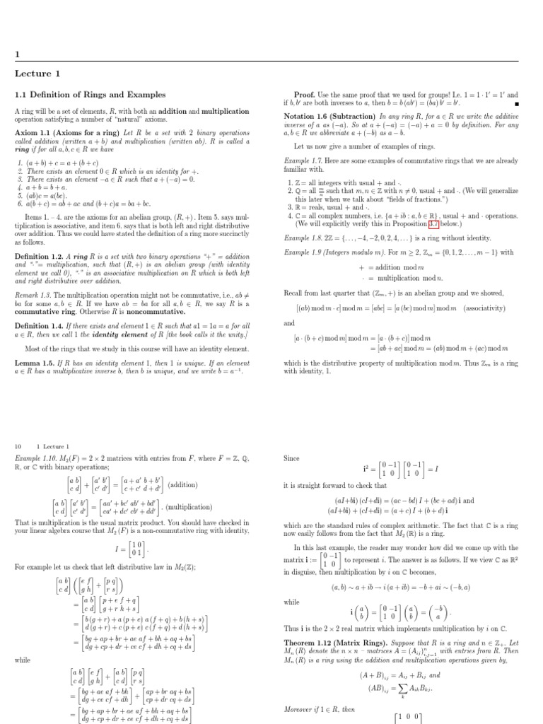 1.1 Definition of Rings and Examples | PDF | Ring (Mathematics) | Field ...