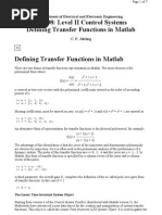 EE208: Level II Control Systems Defining Transfer Functions in Matlab