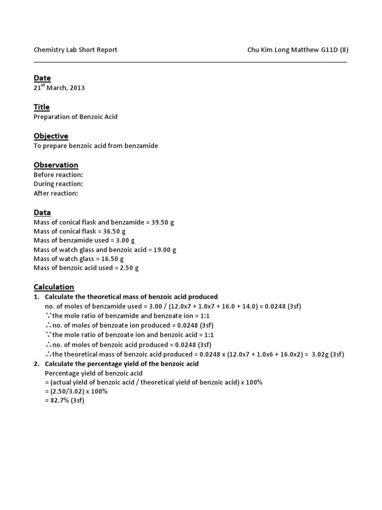 Chemistry Lab Short Report (Preparation of Benzoic Acid) Acid