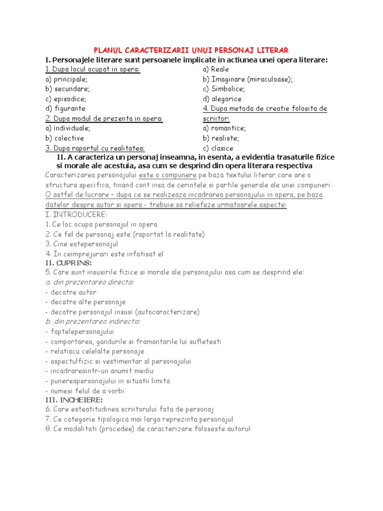 Planul Caracterizarii Unui Personaj Literar