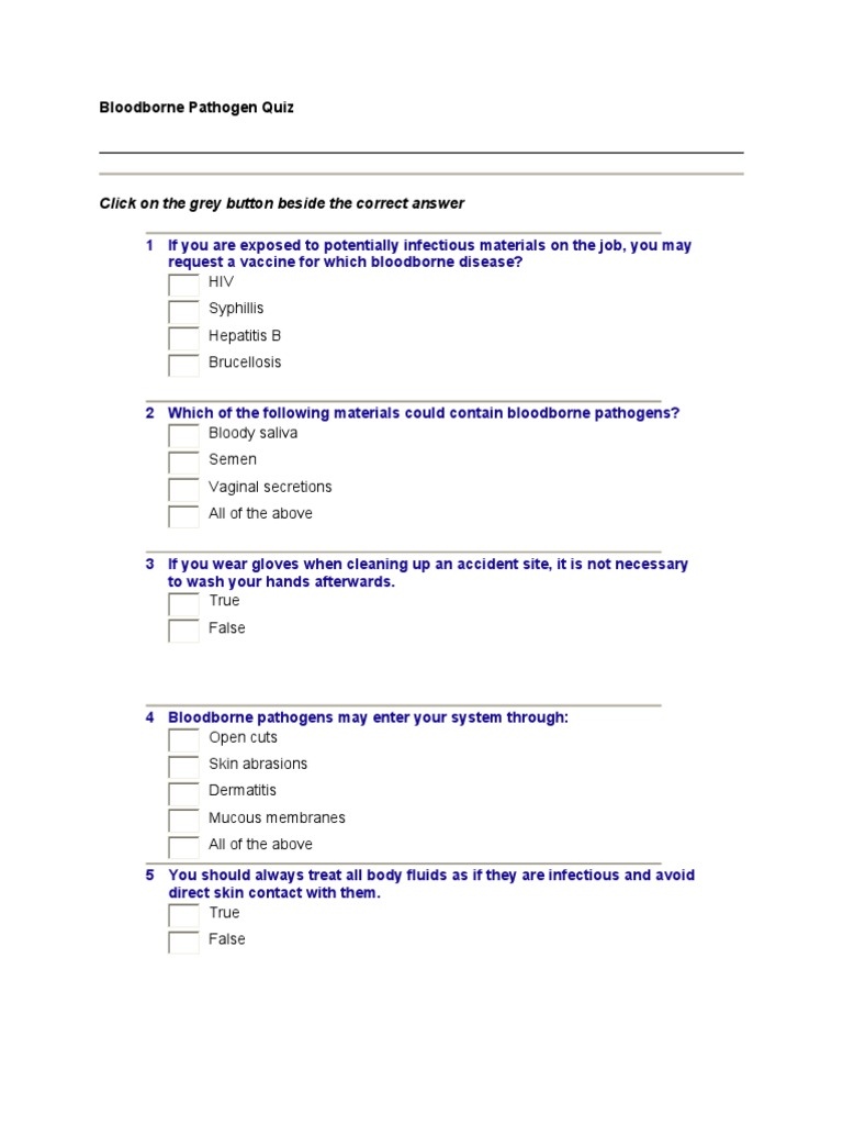 Click On The Grey Button Beside The Correct Answer Bloodborne Pathogen