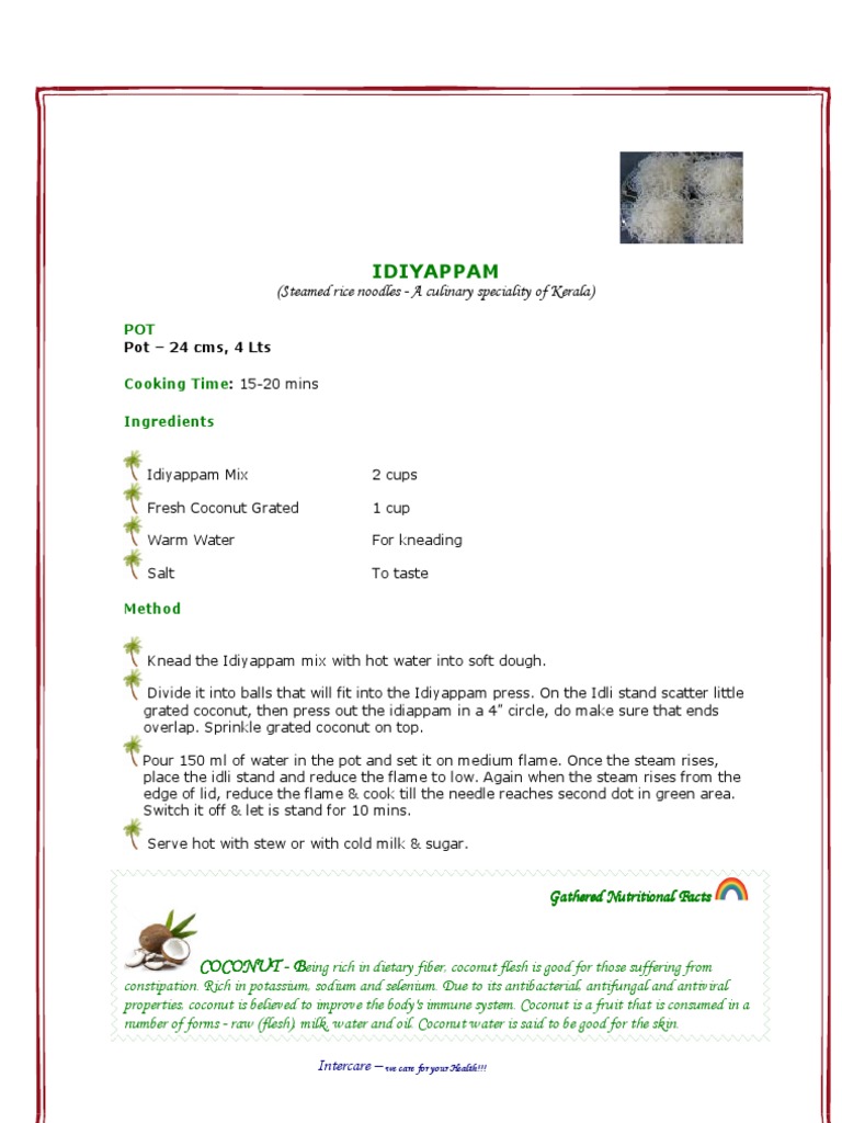 Idiyappam: (Steamed Rice Noodles - A Culinary Speciality of Kerala) | PDF