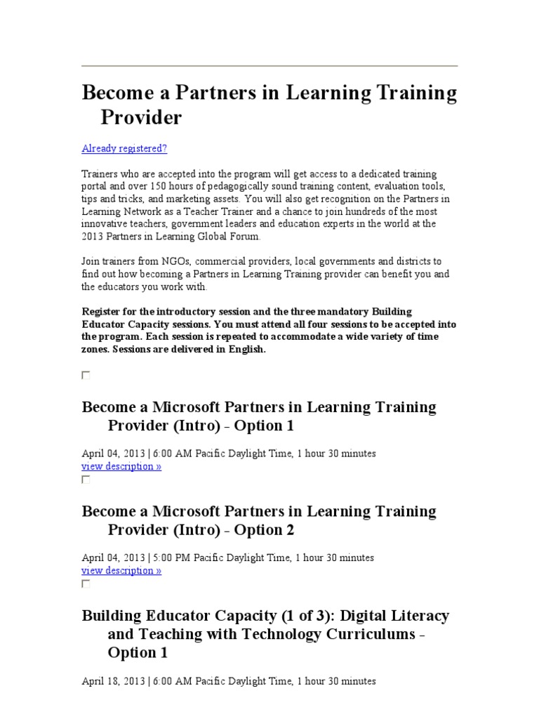 Become A Partners in Learning Training Provider: Already Registered ...