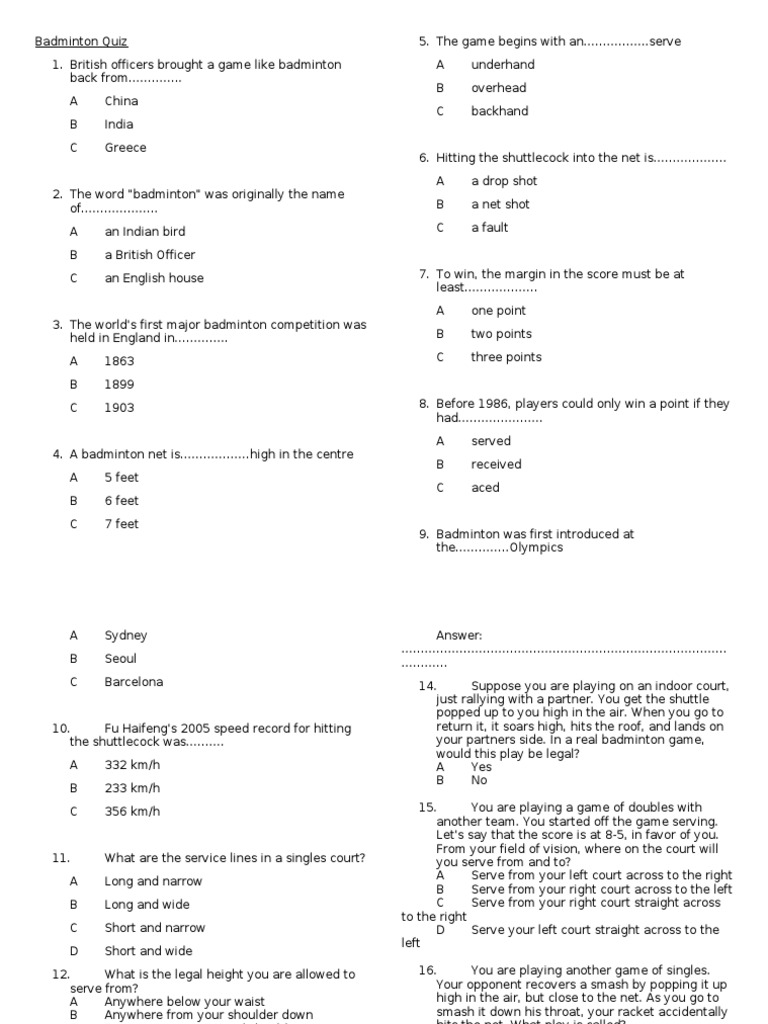 Badminton Quiz PDF Recreation Hobbies