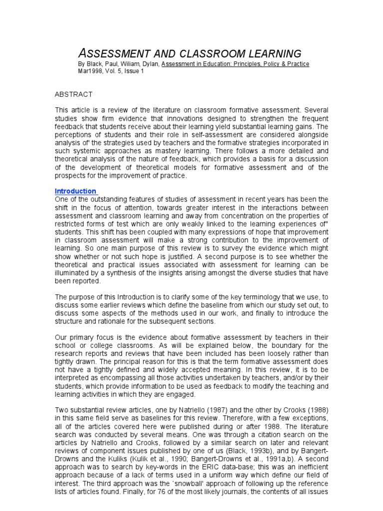 Assessment and Classroom Learning | PDF | Educational Assessment ...