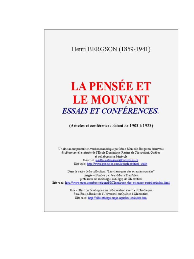 Corrigé Explication De Texte Bergson La Pensée Et Le Mouvant Bergson Henri La Pensée Et Le Mouvant | PDF