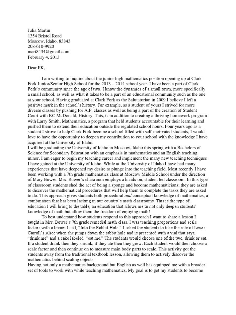 Sample Cover Letter | Physics & Mathematics | Mathematics