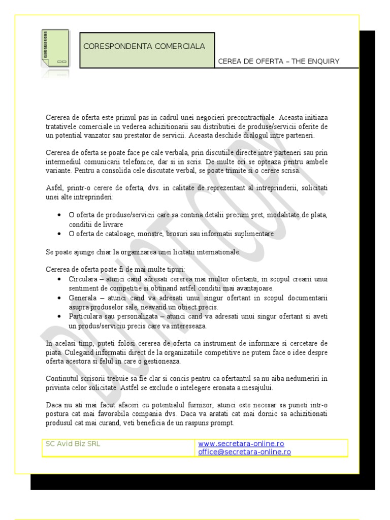 Cererea de Oferta Comerciala Model Romana - Engleza | PDF
