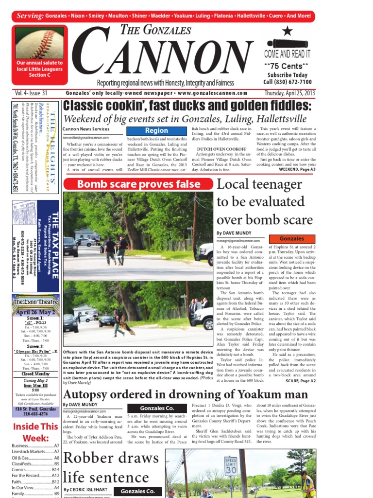 Gonzales Cannon April 25 Issue Cajun Cuisine Tea Party Movement