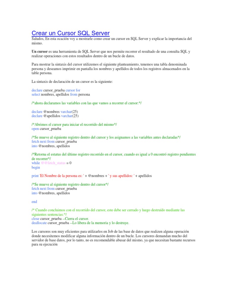 Crear y usar cursores en SQL Server | PDF | Servidor SQL de Microsoft | SQL