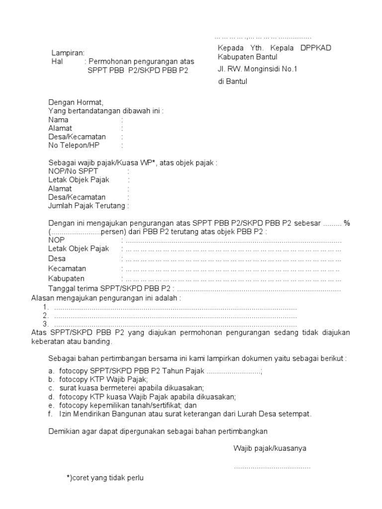 Contoh Surat Permohonan Keringanan Pembayaran Pbb
