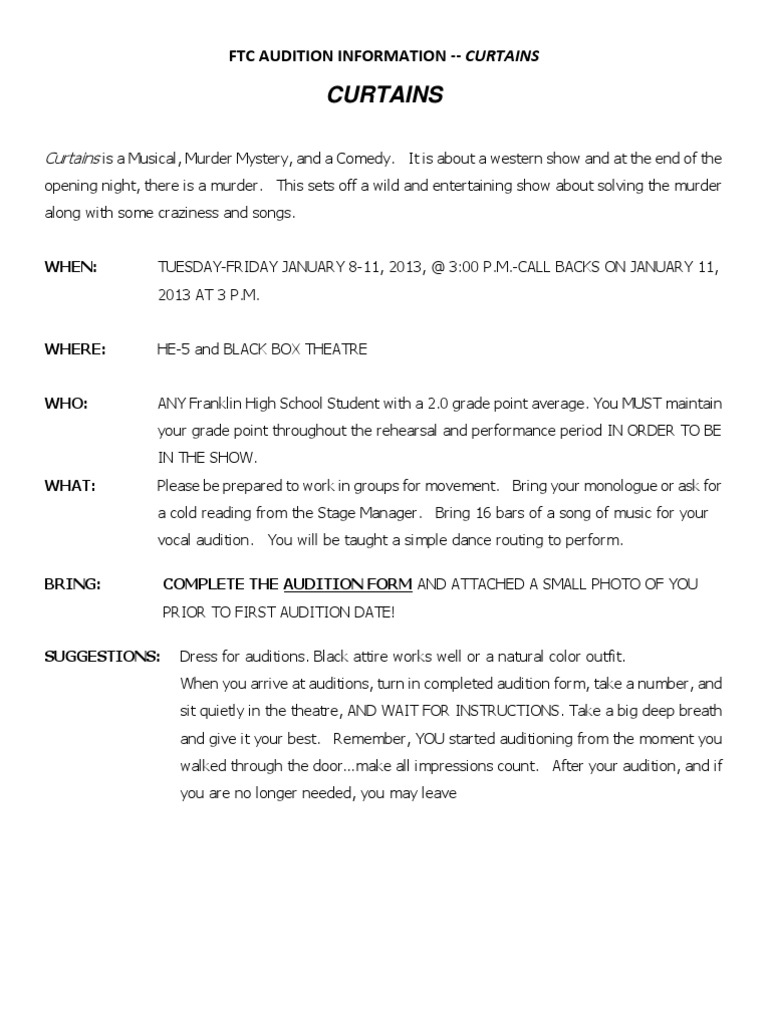 Audition Packet Curtains PDF Audition Singing