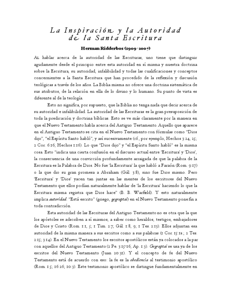 Herman Ridderbos - La Inspiracion y La Autoridad de La Santa Escritura ...