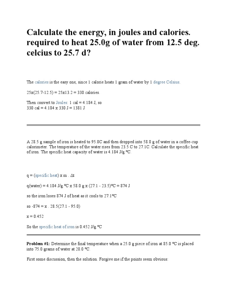Thermo Chem Problems Properties Of Water Heat