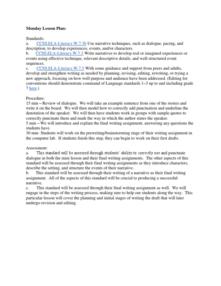 Monday Narrative Writing Lesson Plan | PDF
