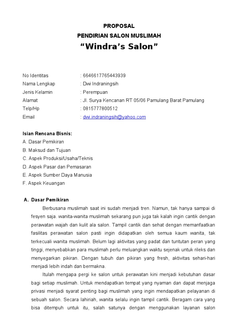 Proposal Pendirian Salon Muslimah Windra S Salon
